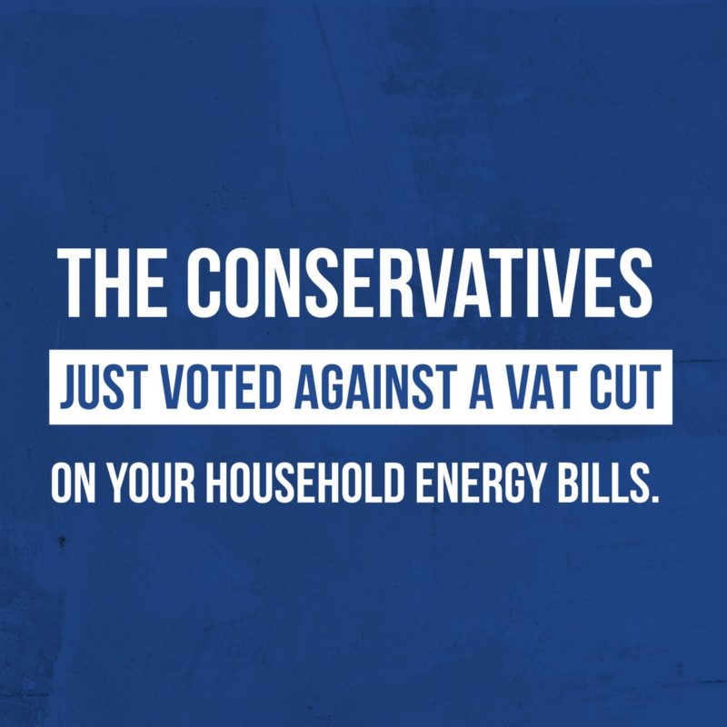 The Conservatives voted against a VAT cut on household energy bills.